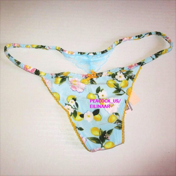 VICTORIA'S SECRET Satin Lace V-String Thong Panty  M L  Blue Lemon Floral nwt - Picture 1 of 8